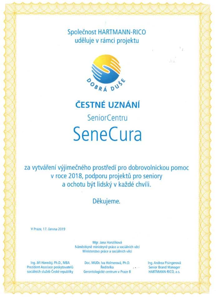 SeneCura SeniorCentrum Slivenec získalo čestné uznání v projektu Dobrá duše